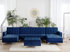 Modular U-Shape Sofa Bed ABERDEEN Velvet Navy Blue with Ottoman 5 Seater