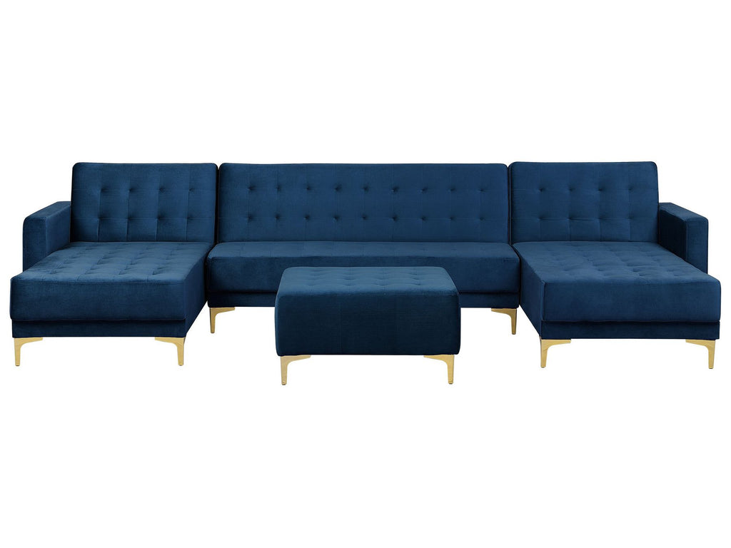 Modular U-Shape Sofa Bed ABERDEEN Velvet Navy Blue with Ottoman 5 Seater
