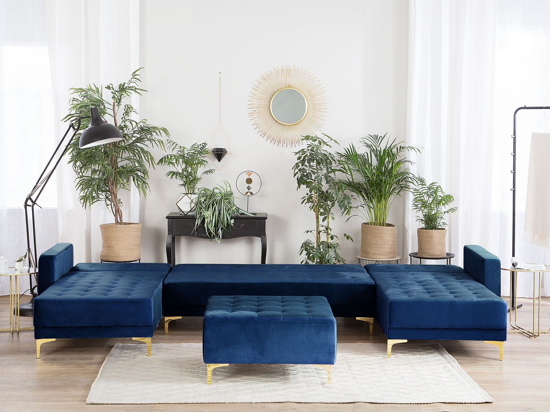 Modular U-Shape Sofa Bed ABERDEEN Velvet Navy Blue with Ottoman 5 Seater