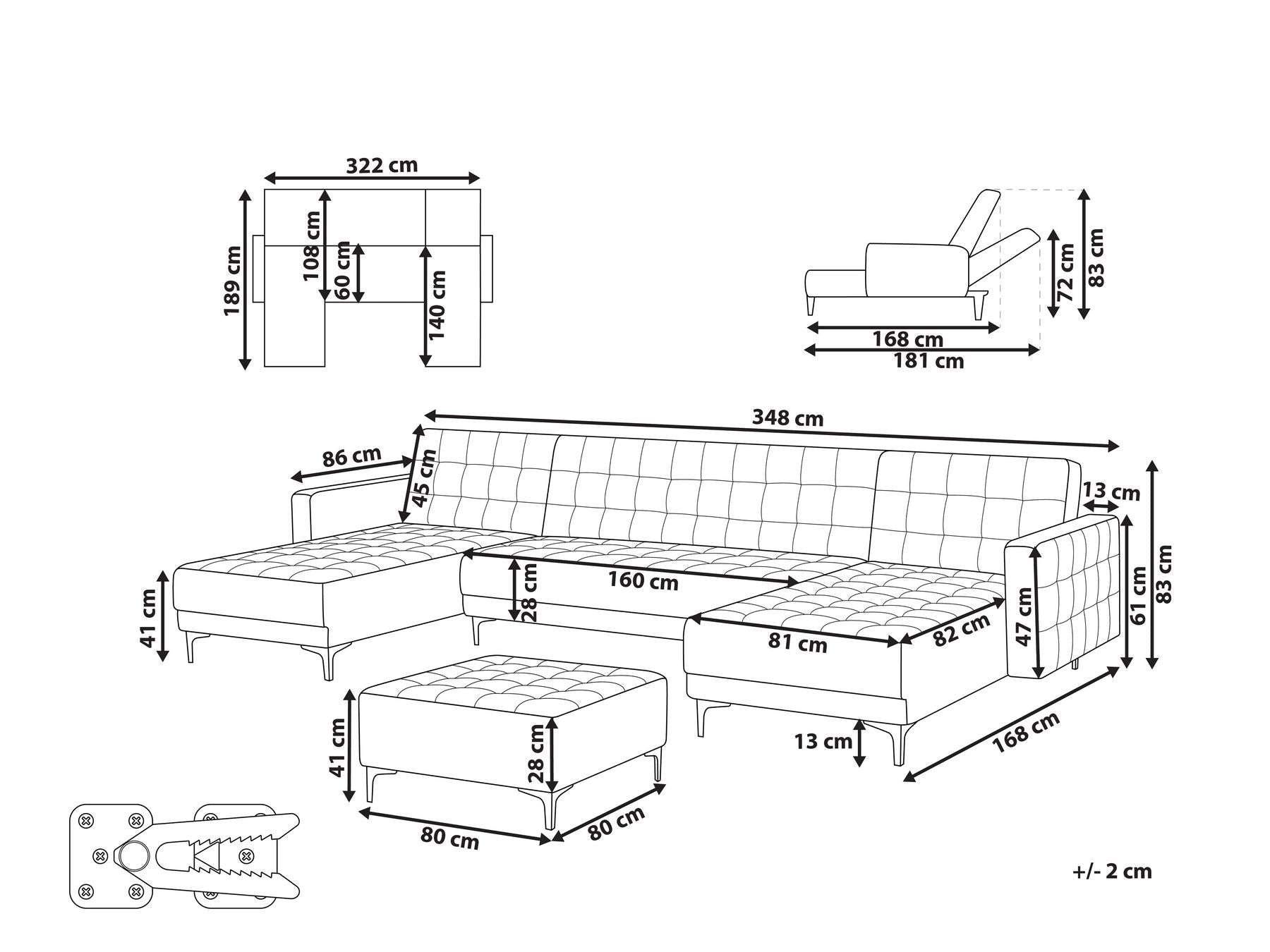Modular U-Shape Sofa Bed ABERDEEN Velvet Navy Blue with Ottoman 5 Seater