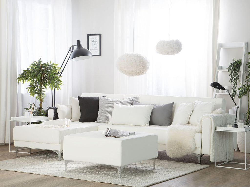 Modular Corner Sofa Bed ABERDEEN Faux Leather White with Ottoman 4 Seater Right Hand