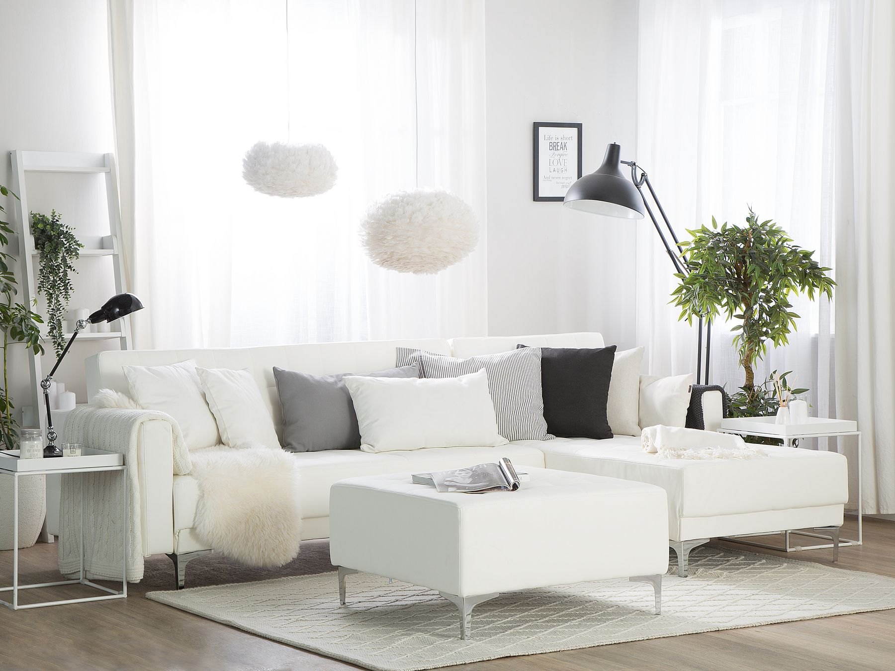 Modular Corner Sofa Bed ABERDEEN Faux Leather White with Ottoman 4 Seater Left Hand
