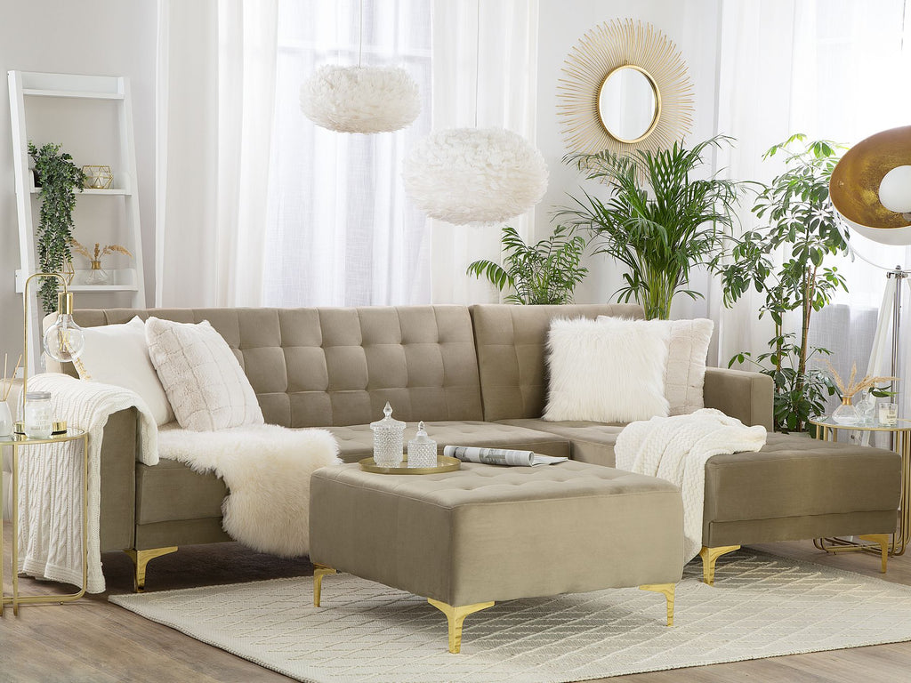 Modular Corner Sofa Bed ABERDEEN Velvet Sand Beige with Ottoman 4 Seater Left Hand