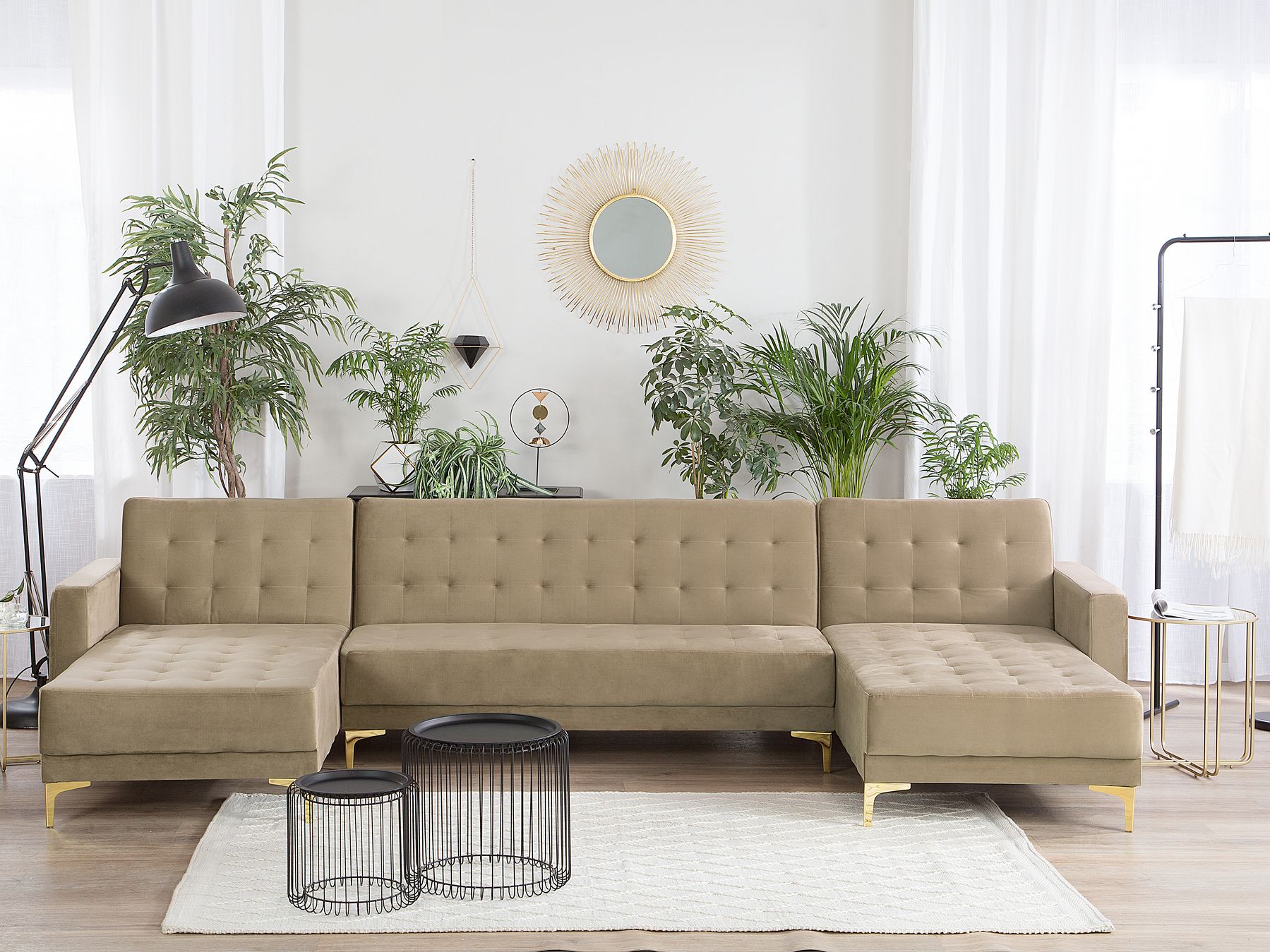 Modular U-Shape Sofa Bed ABERDEEN Velvet Sand Beige 5 Seater