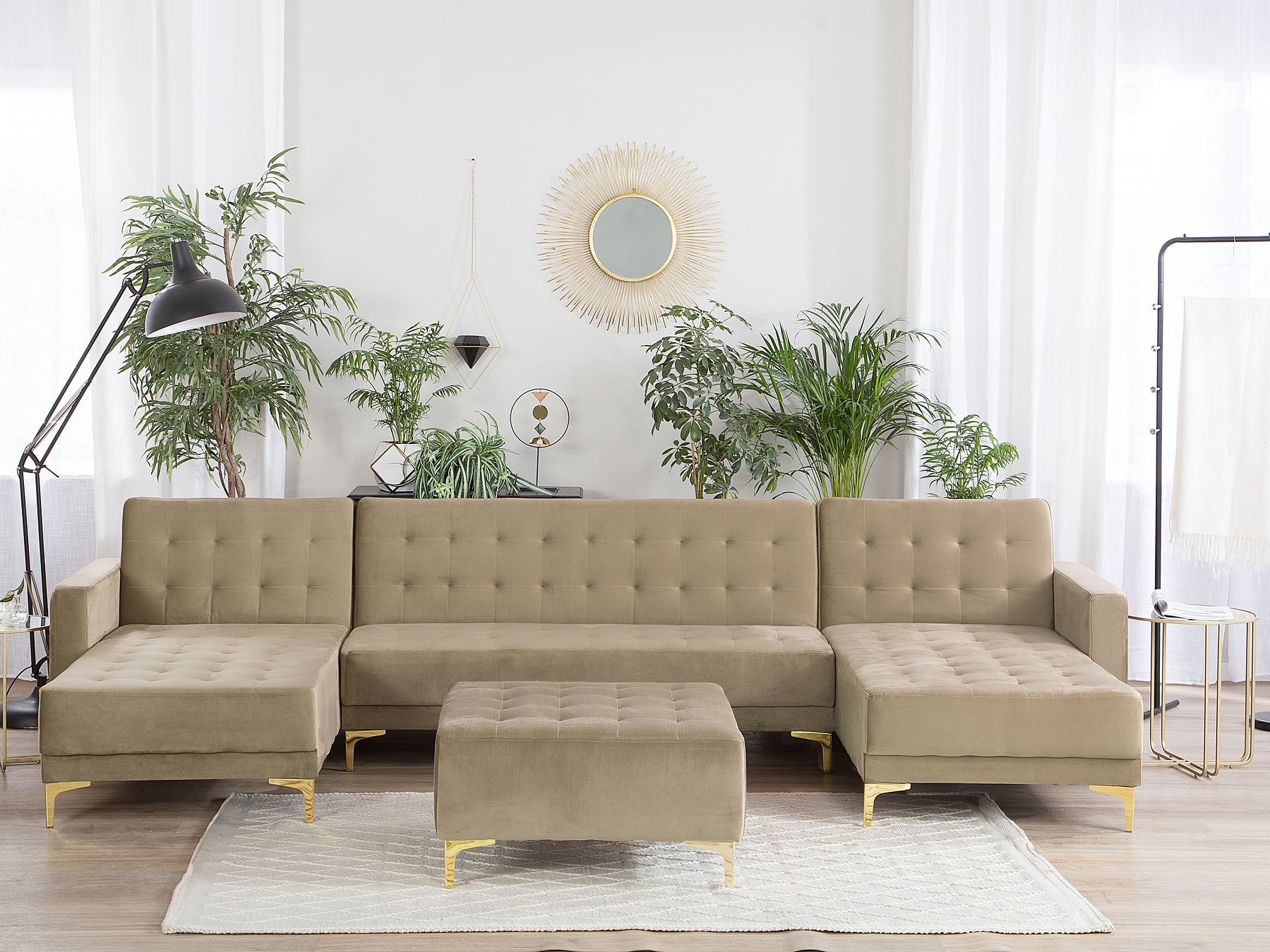 Modular U-Shape Sofa Bed ABERDEEN Velvet Sand Beige with Ottoman 5 Seater