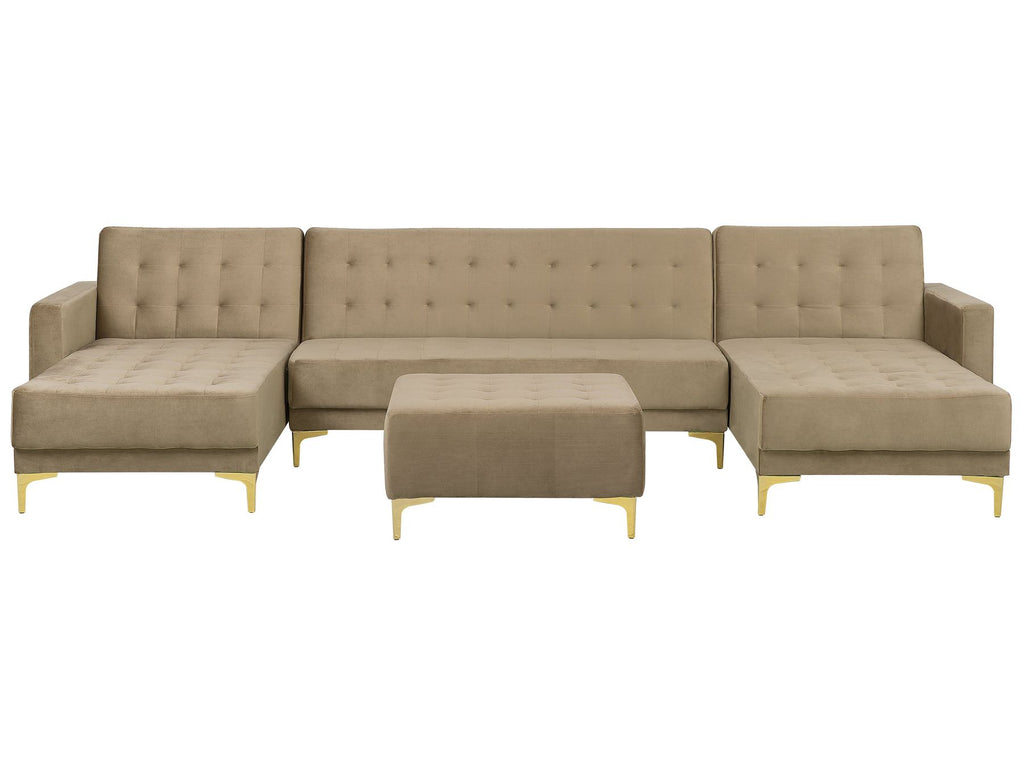 Modular U-Shape Sofa Bed ABERDEEN Velvet Sand Beige with Ottoman 5 Seater