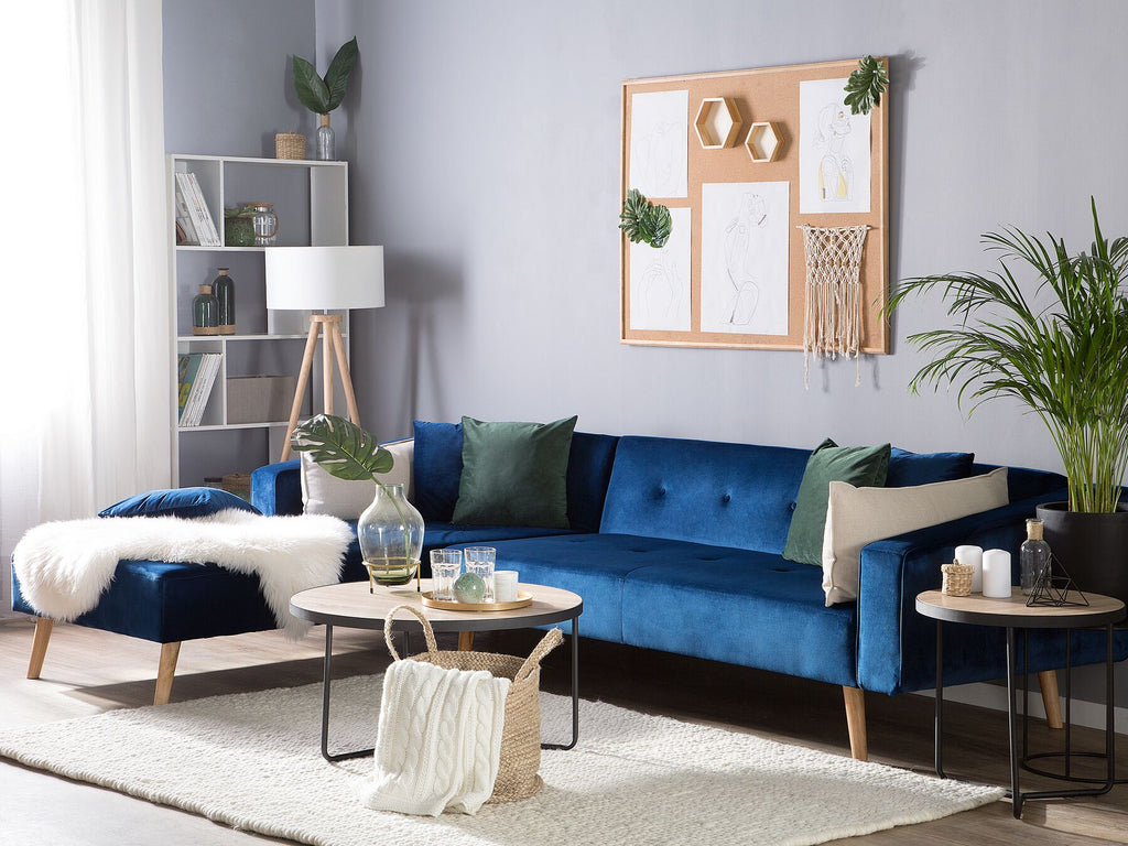Corner Sofa Bed VADSO Velvet Navy Blue 4 Seater Right Hand