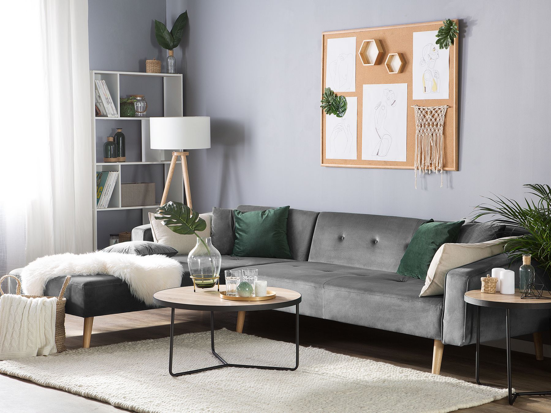 Corner Sofa Bed VADSO Velvet Grey 4 Seater Right Hand