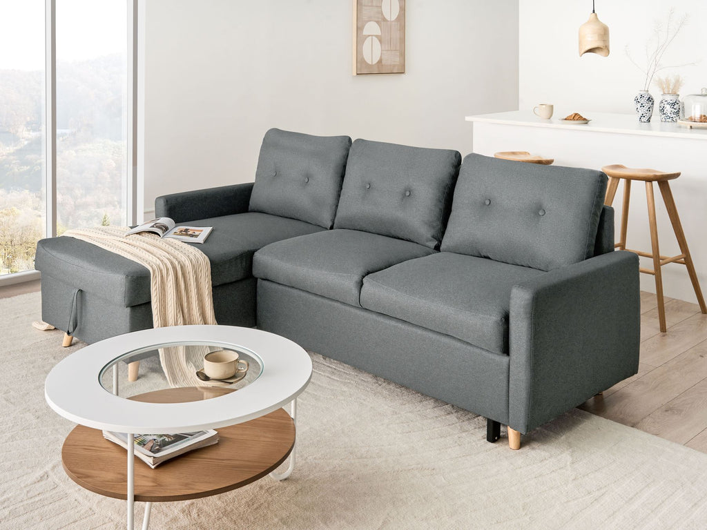 corner sofa bed flakk fabric dark grey with storage 4 seater right hand