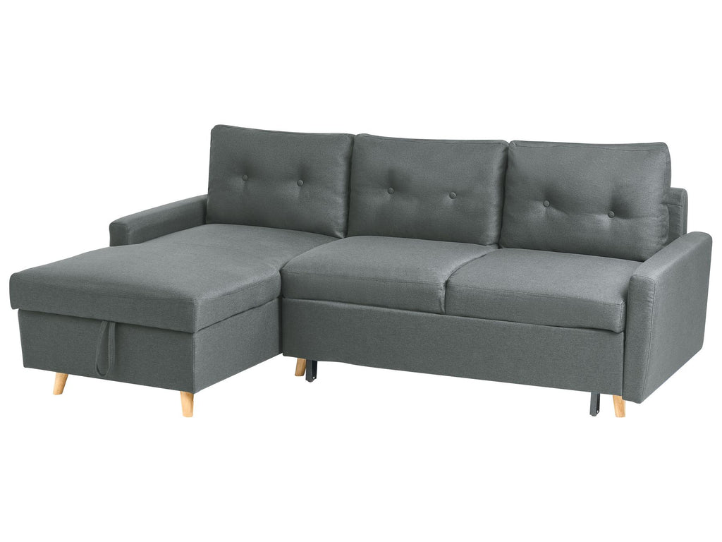 corner sofa bed flakk fabric dark grey with storage 4 seater right hand