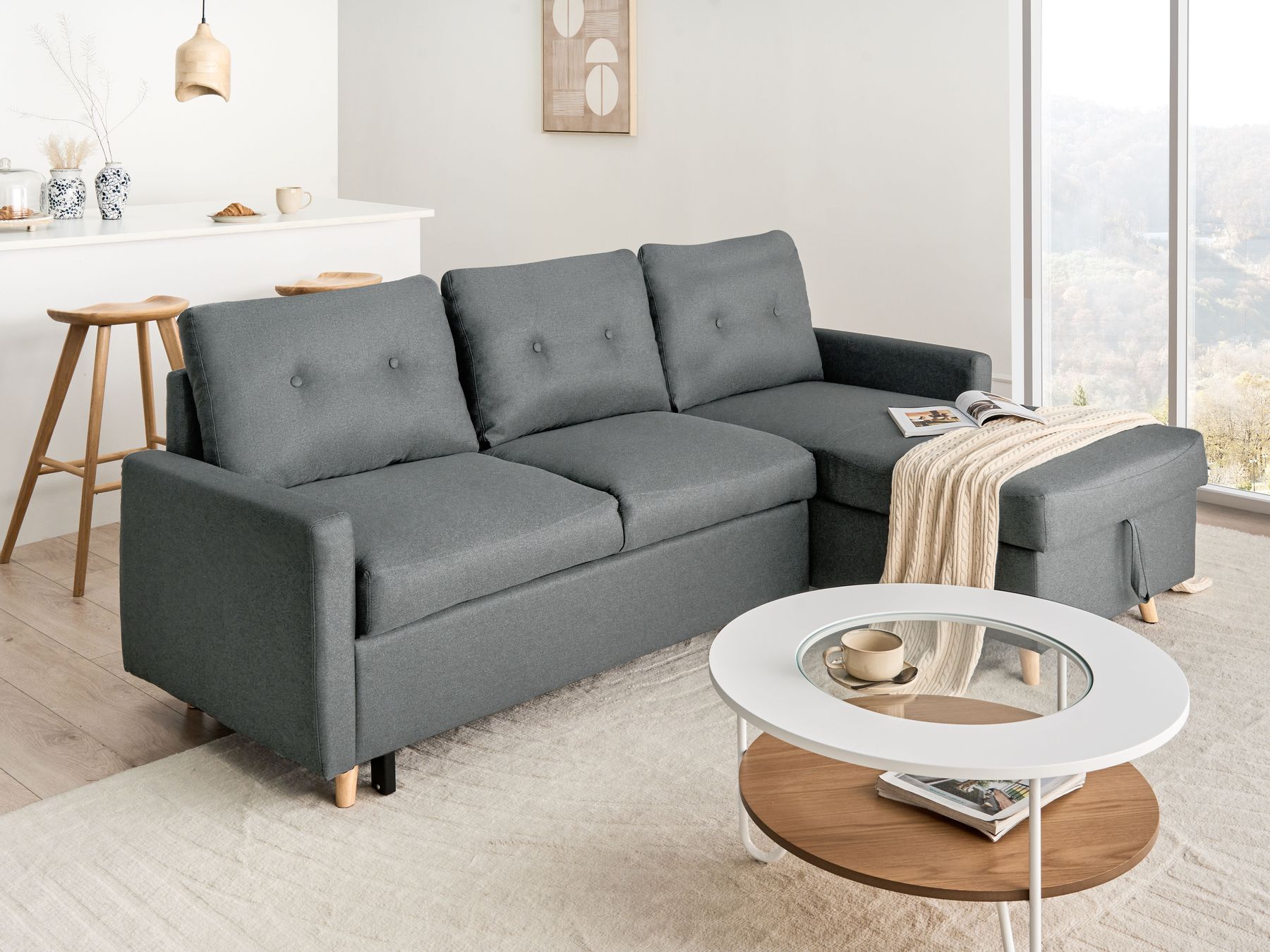 Corner Sofa Bed FLAKK Fabric Dark Grey with Storage 4 Seater Left Hand