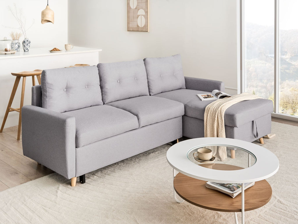 Corner Sofa Bed FLAKK Fabric Light Grey with Storage 4 Seater Left Hand