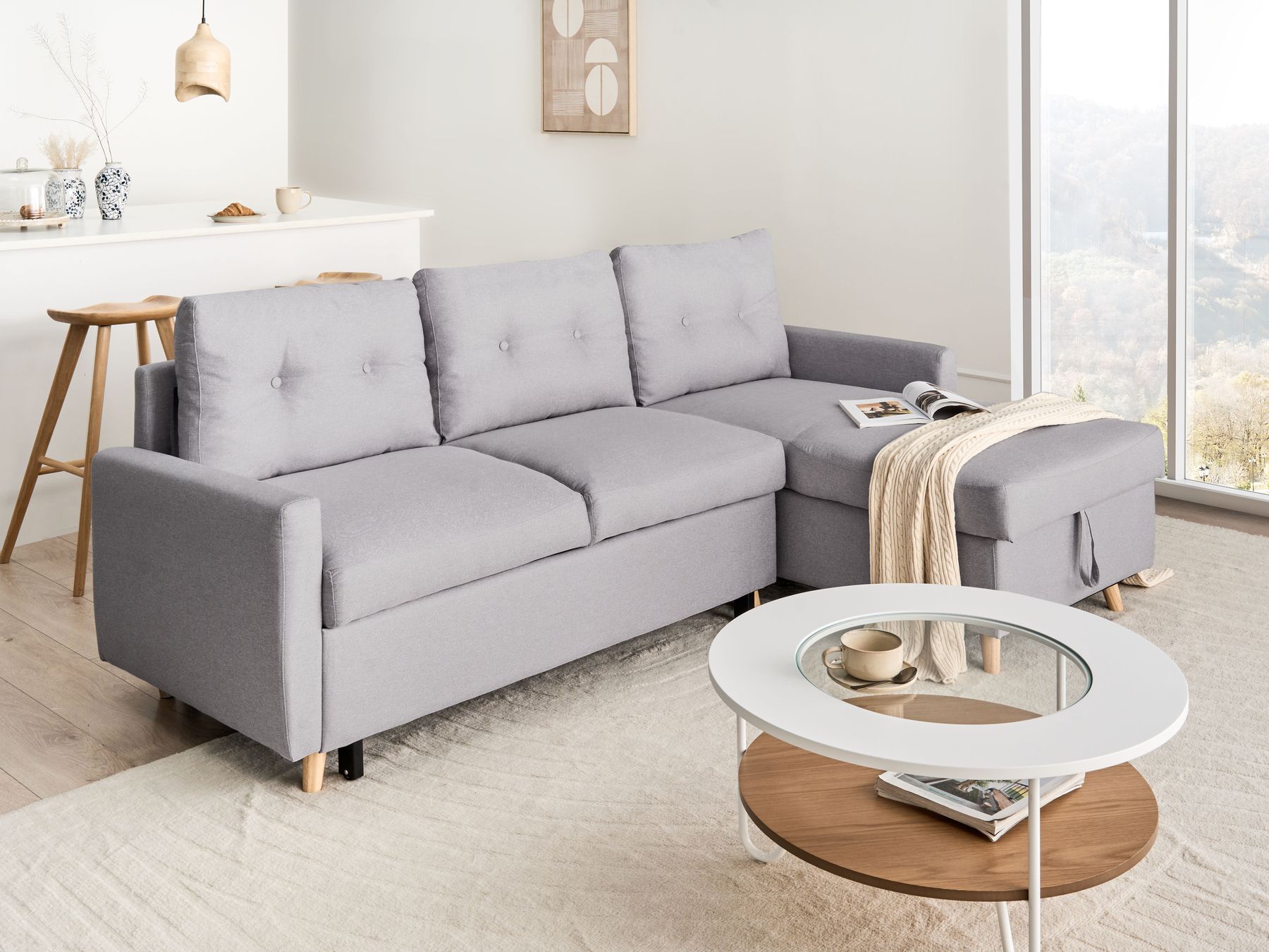 Corner Sofa Bed FLAKK Fabric Light Grey with Storage 4 Seater Left Hand