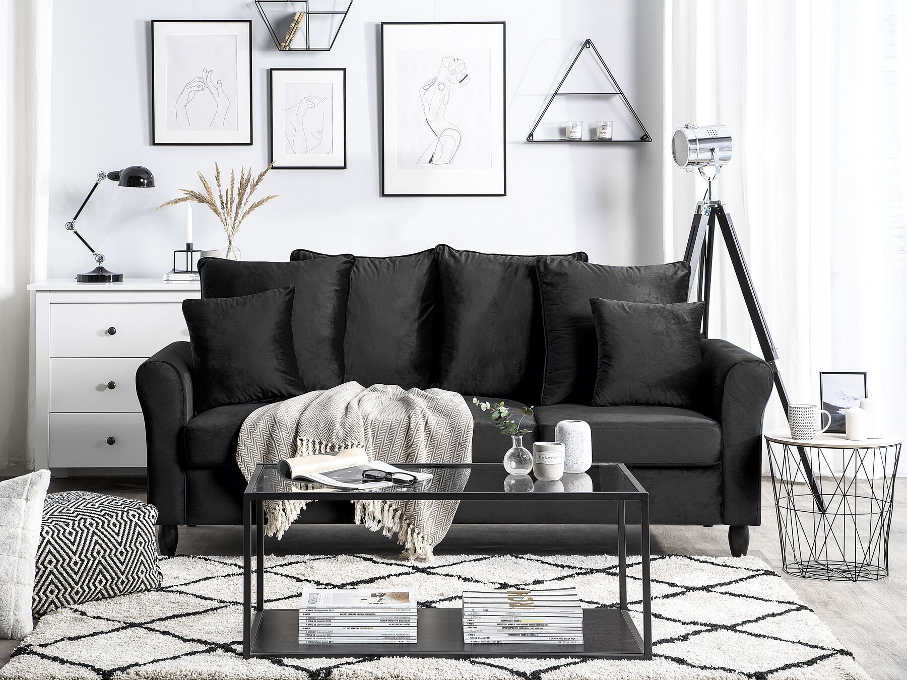3 Seater Velvet Sofa Black BORNHOLM