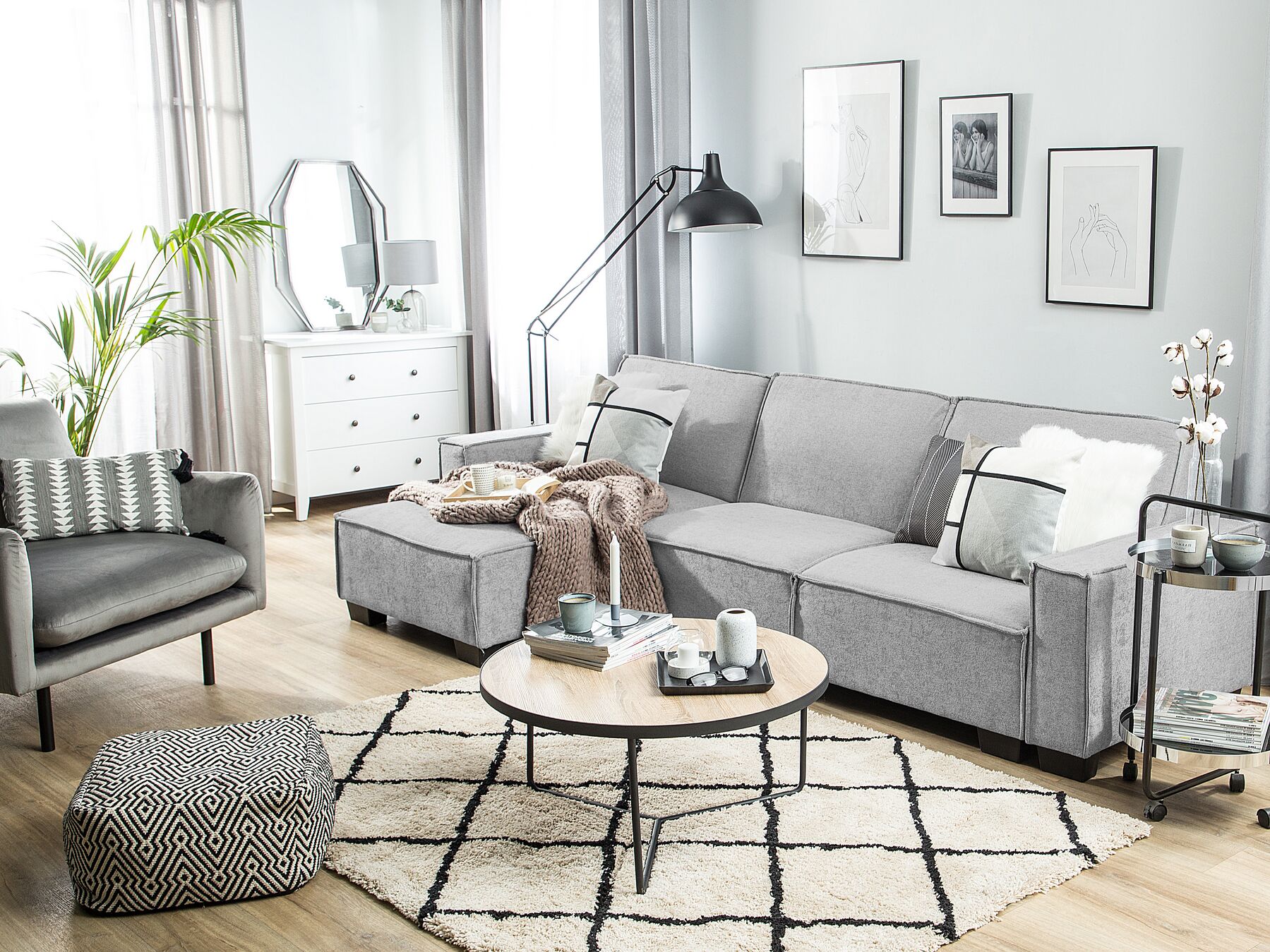 Corner Sofa Bed ROMEDAL Fabric Light Grey 3 Seater Right Hand