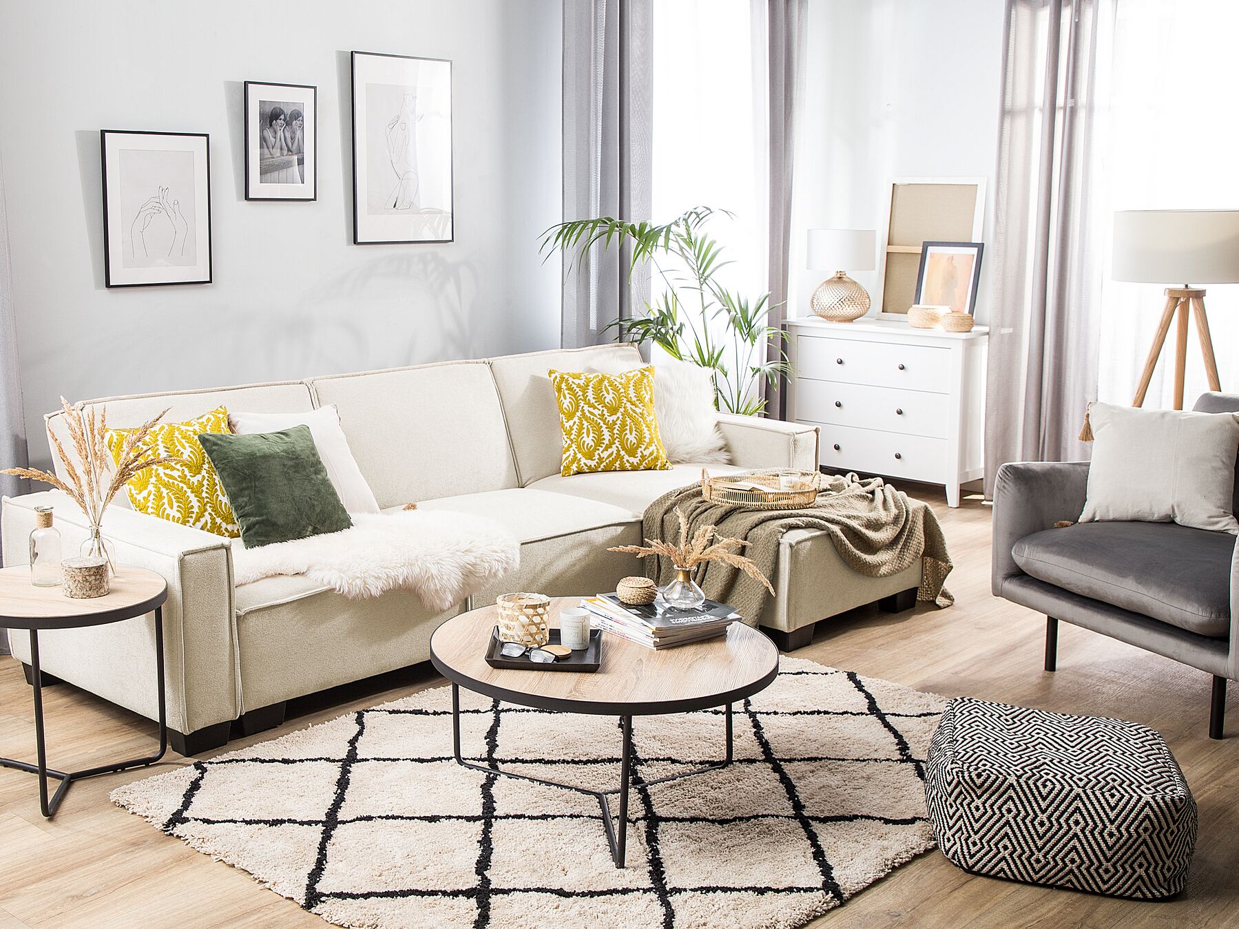 Corner Sofa Bed ROMEDAL Fabric Beige 3 Seater Left Hand