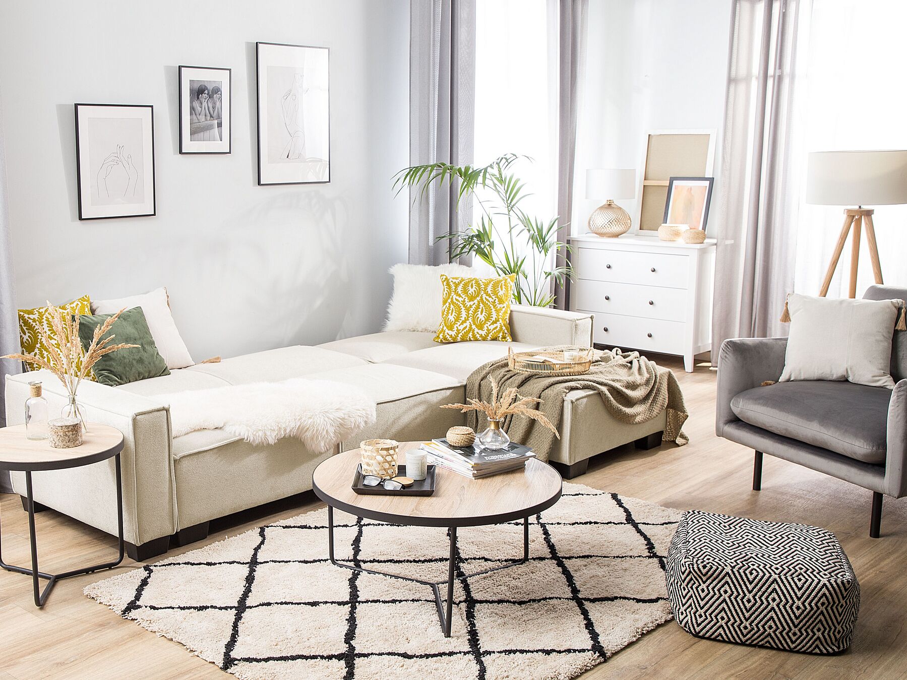 Corner Sofa Bed ROMEDAL Fabric Beige 3 Seater Left Hand