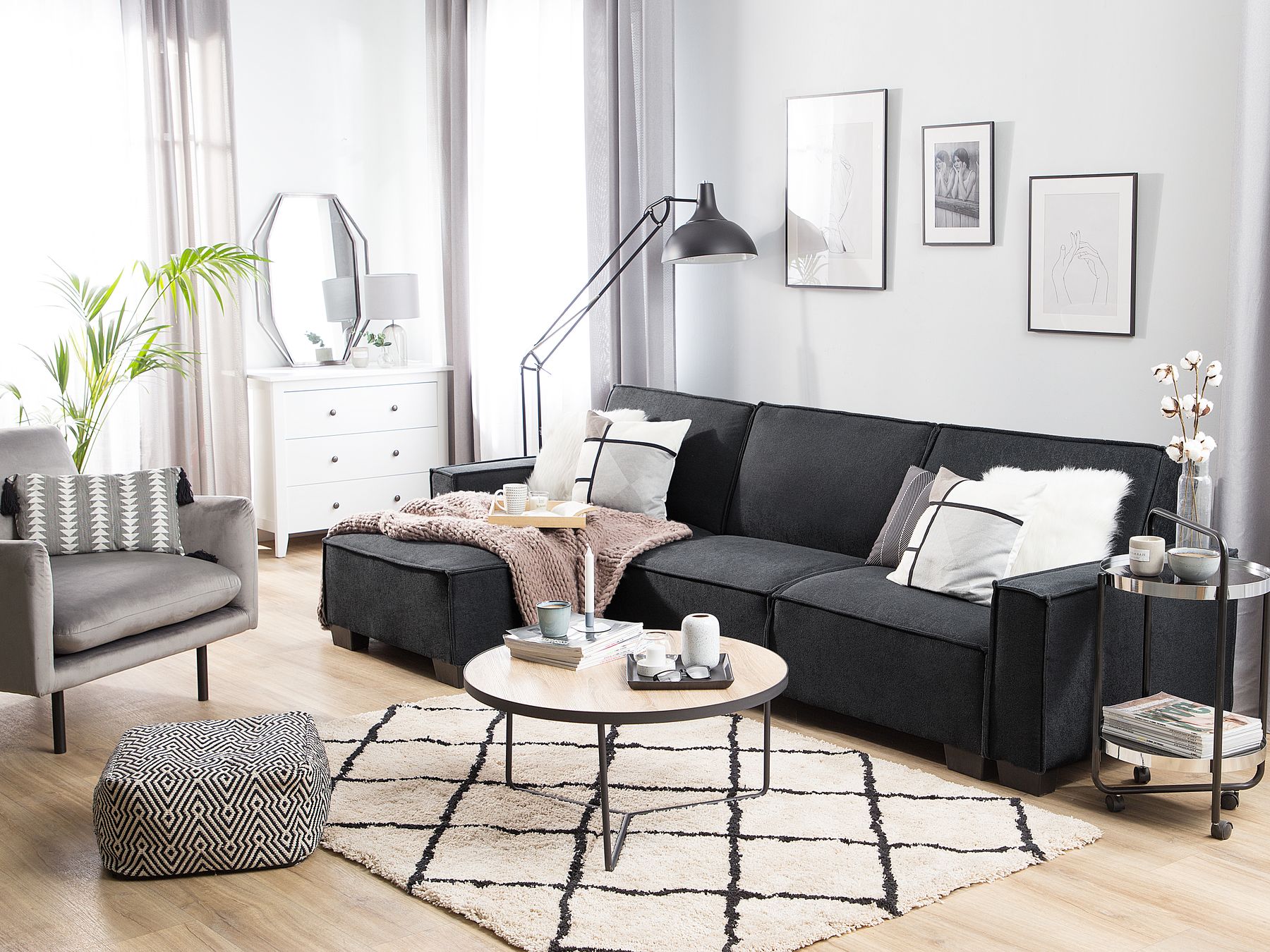 Corner Sofa Bed ROMEDAL Fabric Graphite Grey 3 Seater Right Hand