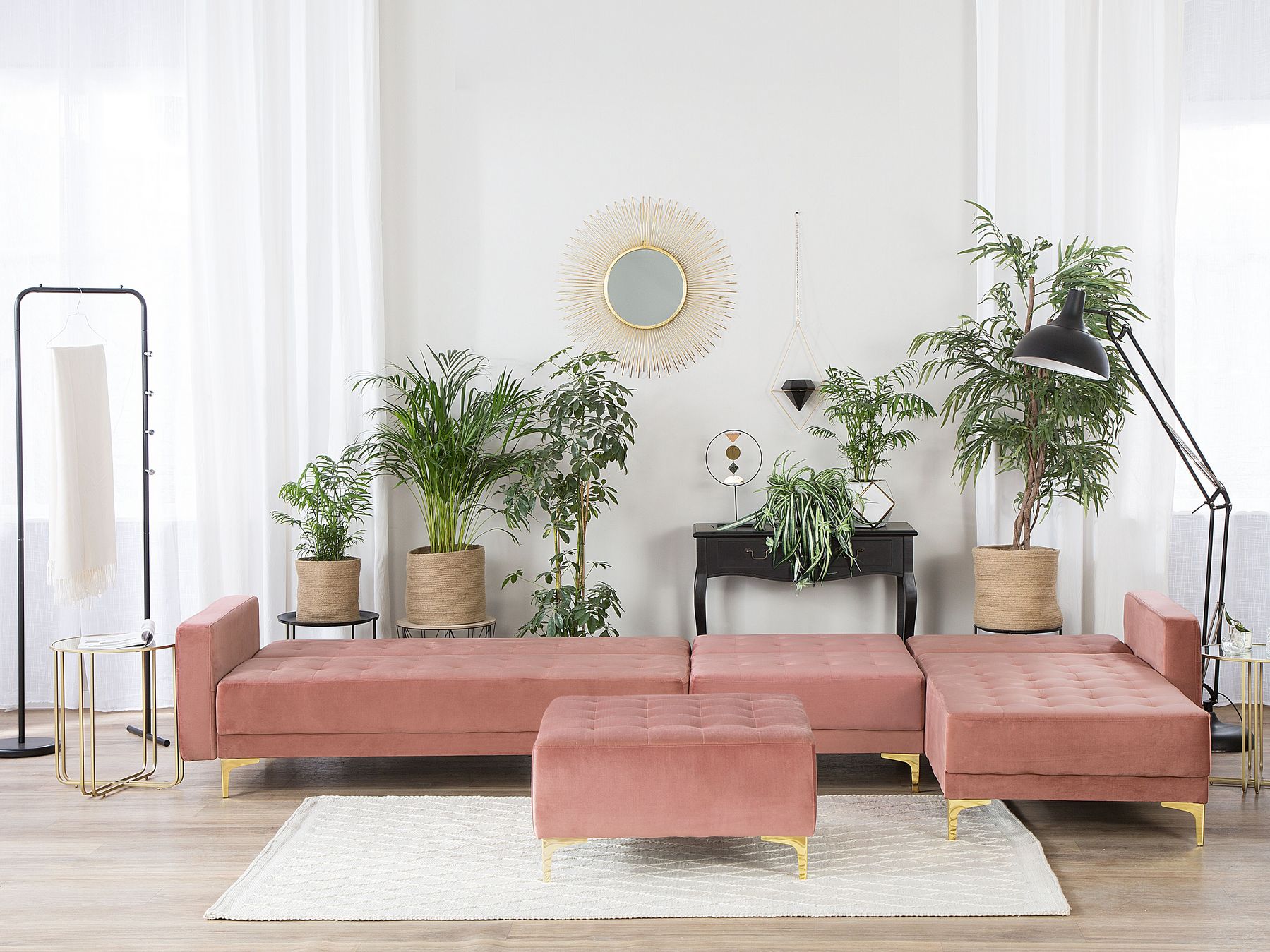 Modular Corner Sofa Bed ABERDEEN Velvet Pink with Ottoman 5 Seater Left Hand