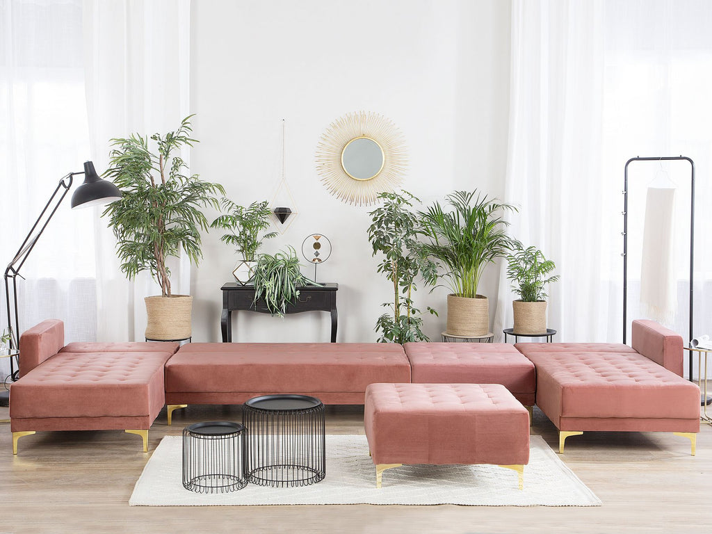 Modular U-Shape Sofa Bed ABERDEEN Velvet Pink with Ottoman 6 Seater