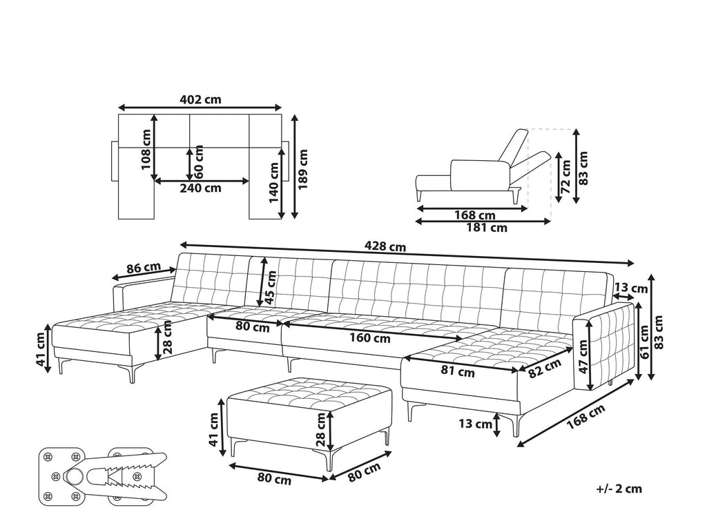 Modular U-Shape Sofa Bed ABERDEEN Velvet Pink with Ottoman 6 Seater