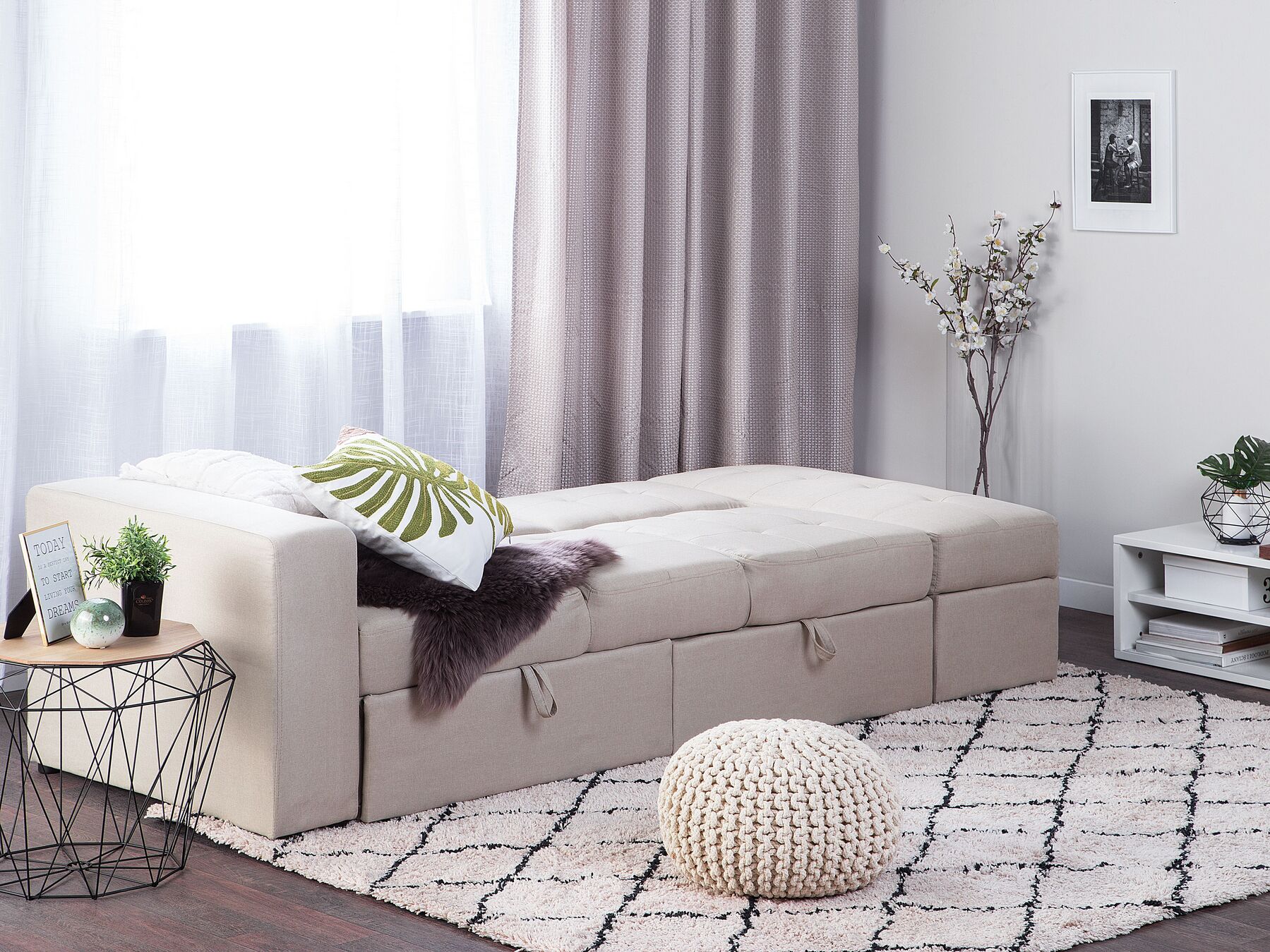 Sofa Bed FALSTER Fabric Beige with Storage 3 Seater