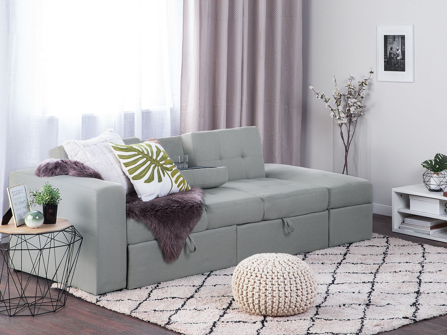 Sofa Bed FALSTER Fabric Light Grey with Storage 3 Seater