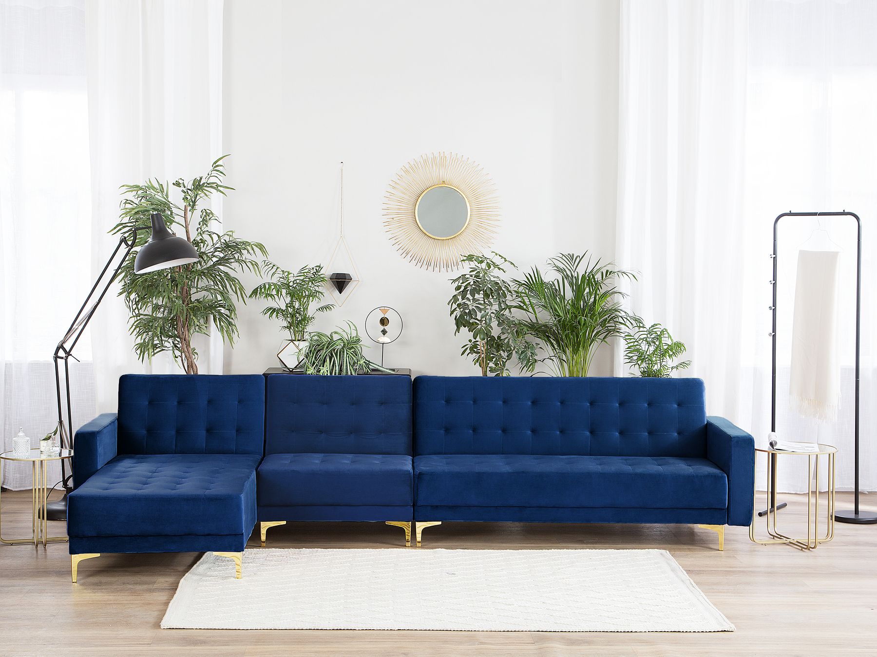 Modular Corner Sofa Bed ABERDEEN Velvet Navy Blue 5 Seater Right Hand