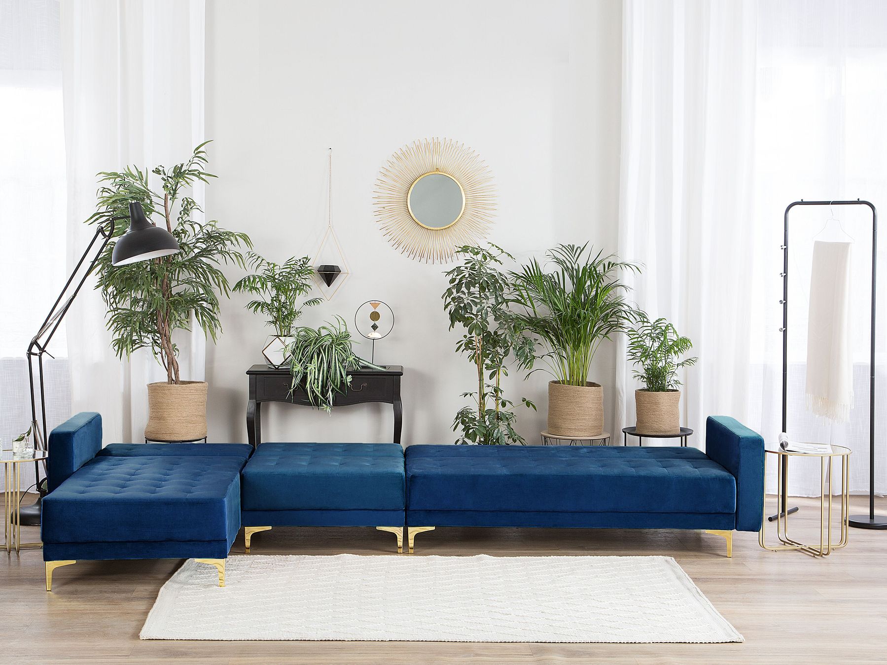 Modular Corner Sofa Bed ABERDEEN Velvet Navy Blue 5 Seater Right Hand