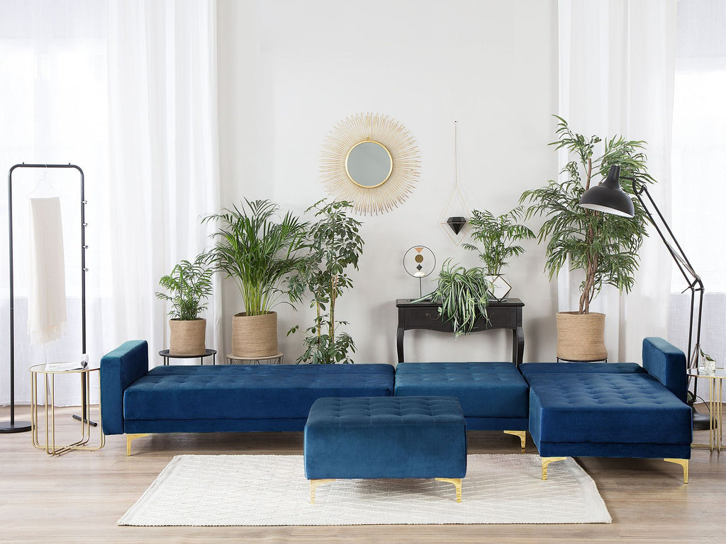 Modular Corner Sofa Bed ABERDEEN Velvet Navy Blue with Ottoman 5 Seater Right Hand