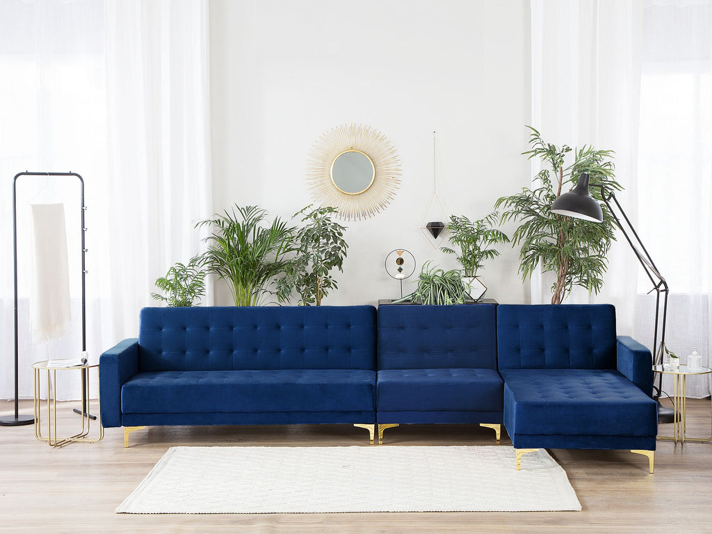 Modular Corner Sofa Bed ABERDEEN Velvet Navy Blue 5 Seater Left Hand