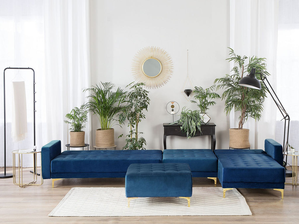 Modular Corner Sofa Bed ABERDEEN Velvet Navy Blue with Ottoman 5 Seater Left Hand