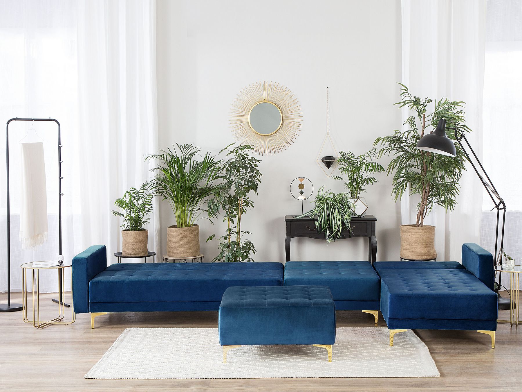 Modular Corner Sofa Bed ABERDEEN Velvet Navy Blue with Ottoman 5 Seater Left Hand