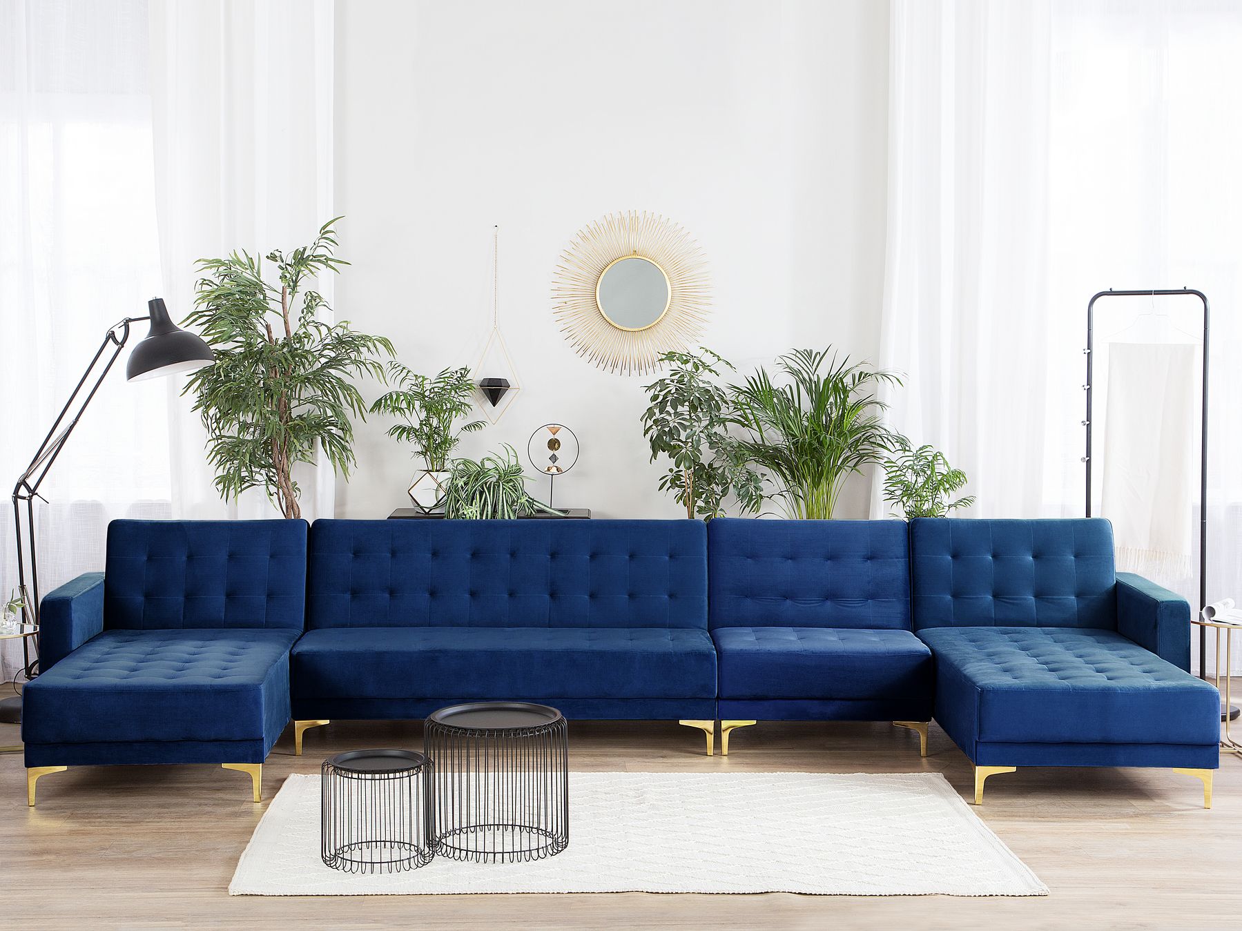 Modular U-Shape Sofa Bed ABERDEEN Velvet Navy Blue 6 Seater