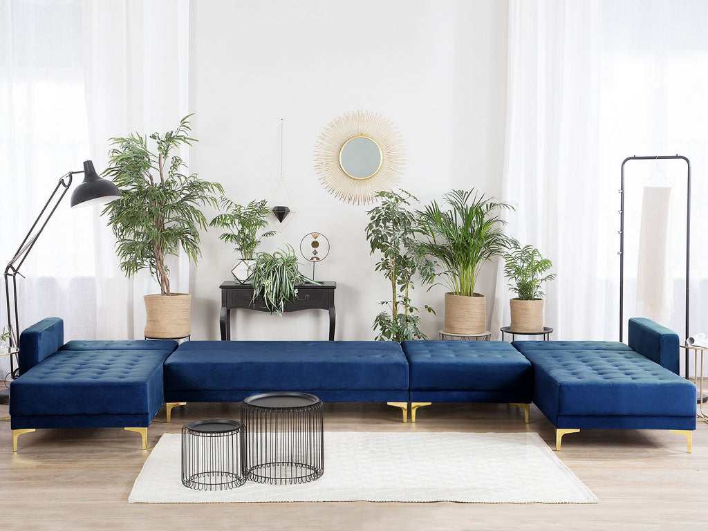 Modular U-Shape Sofa Bed ABERDEEN Velvet Navy Blue 6 Seater