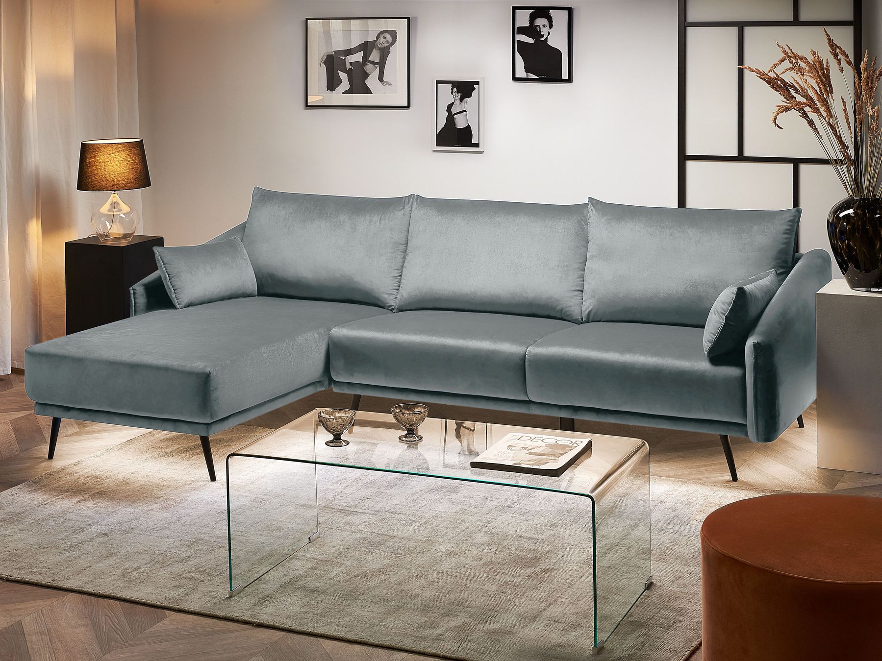 Right Hand Velvet Corner Sofa LED Grey VARDE