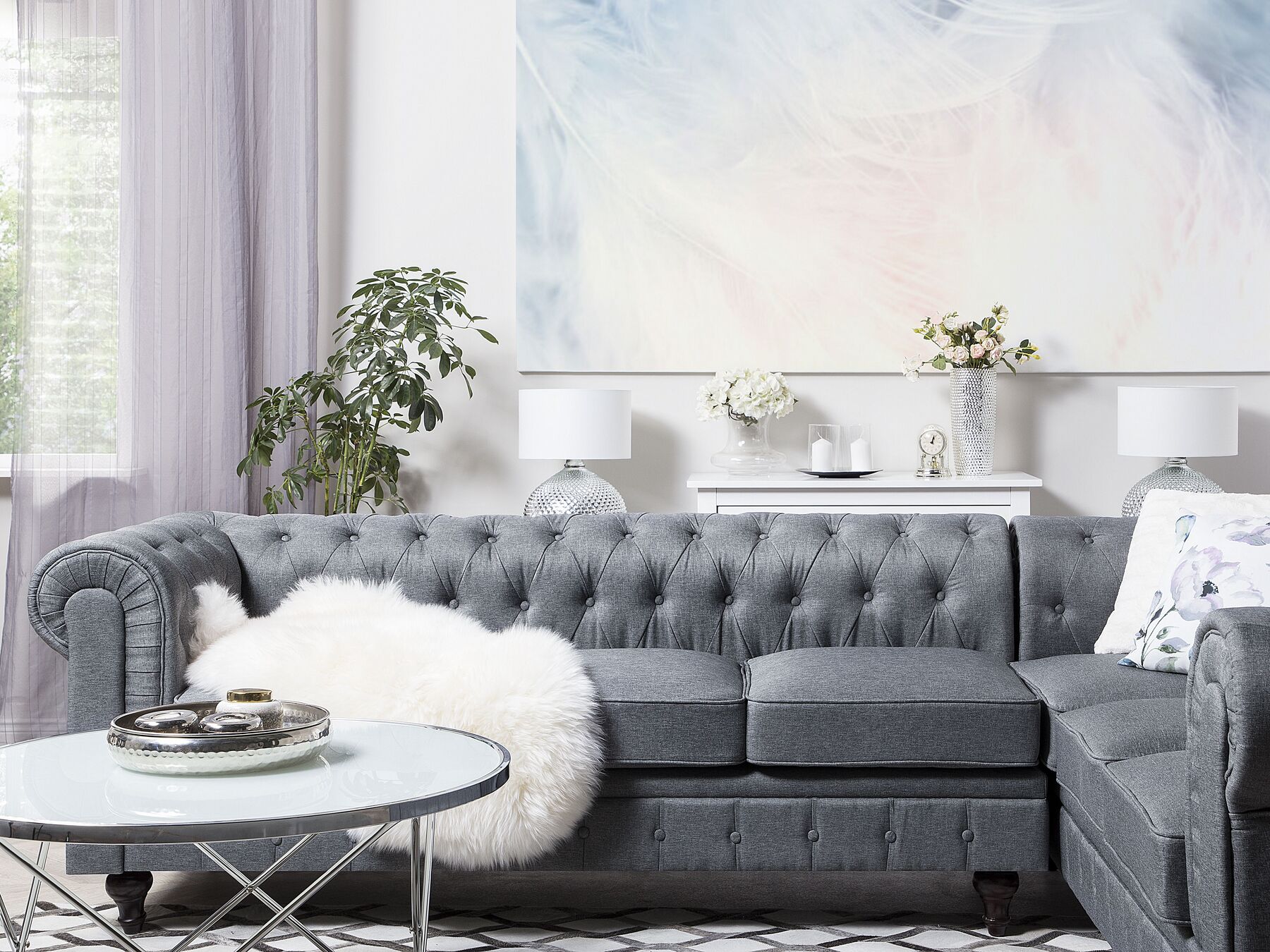 Corner Sofa CHESTERFIELD Fabric Grey 6 Seater Left Hand