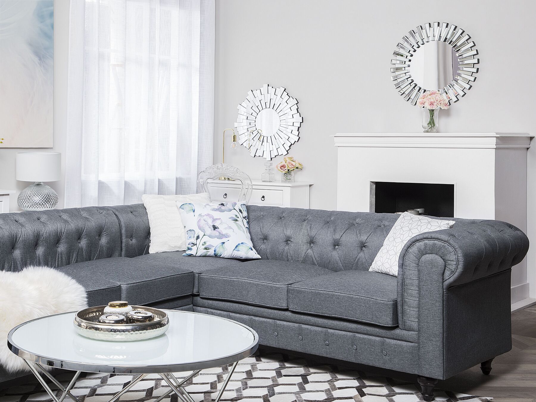 Corner Sofa CHESTERFIELD Fabric Grey 6 Seater Left Hand