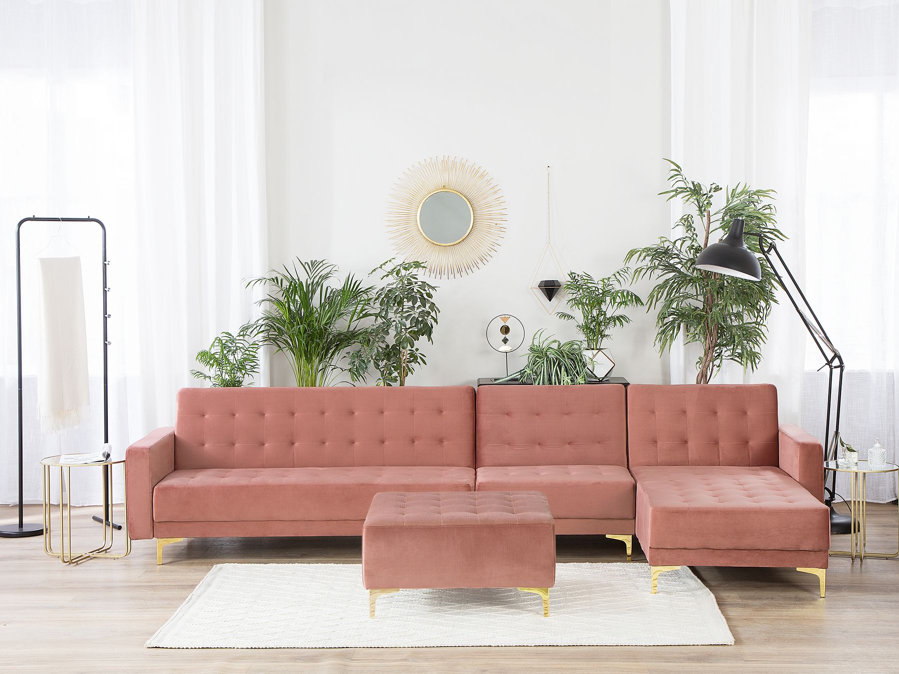 Modular Corner Sofa Bed ABERDEEN Velvet Pink with Ottoman 5 Seater Left Hand