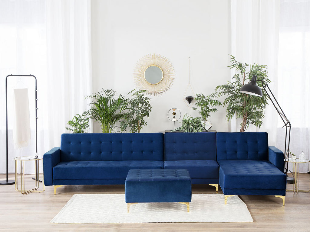 Modular Corner Sofa Bed ABERDEEN Velvet Navy Blue with Ottoman 5 Seater Left Hand