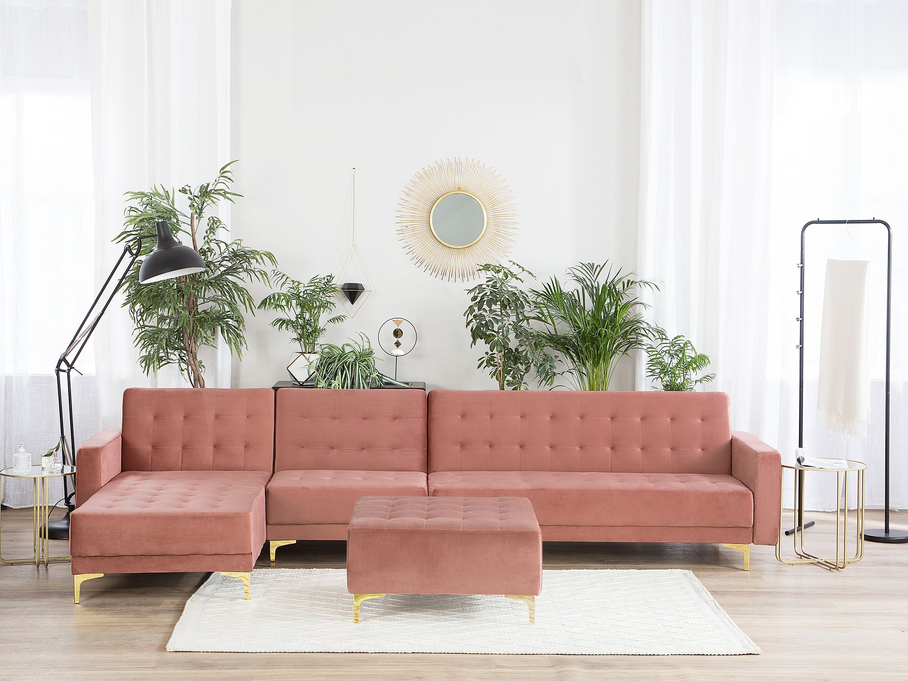 Modular Corner Sofa Bed ABERDEEN Velvet Pink with Ottoman 5 Seater Right Hand