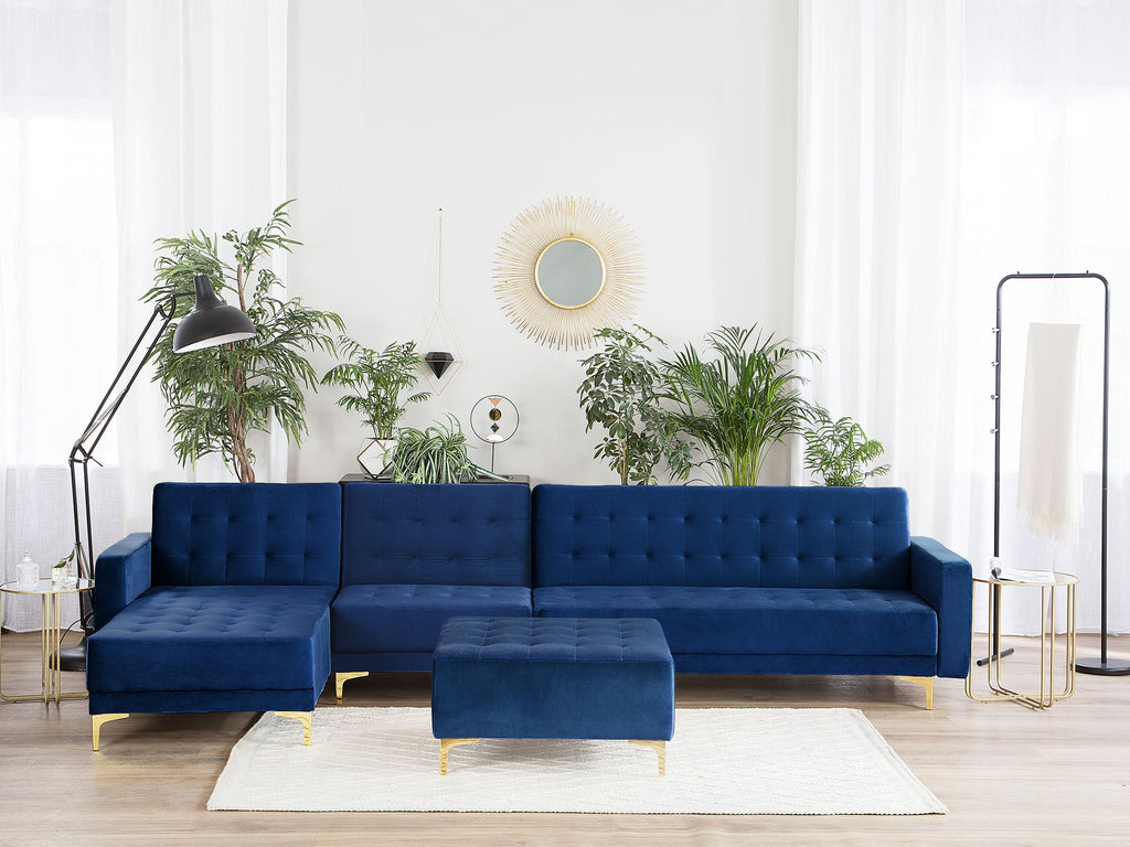 Modular Corner Sofa Bed ABERDEEN Velvet Navy Blue with Ottoman 5 Seater Right Hand