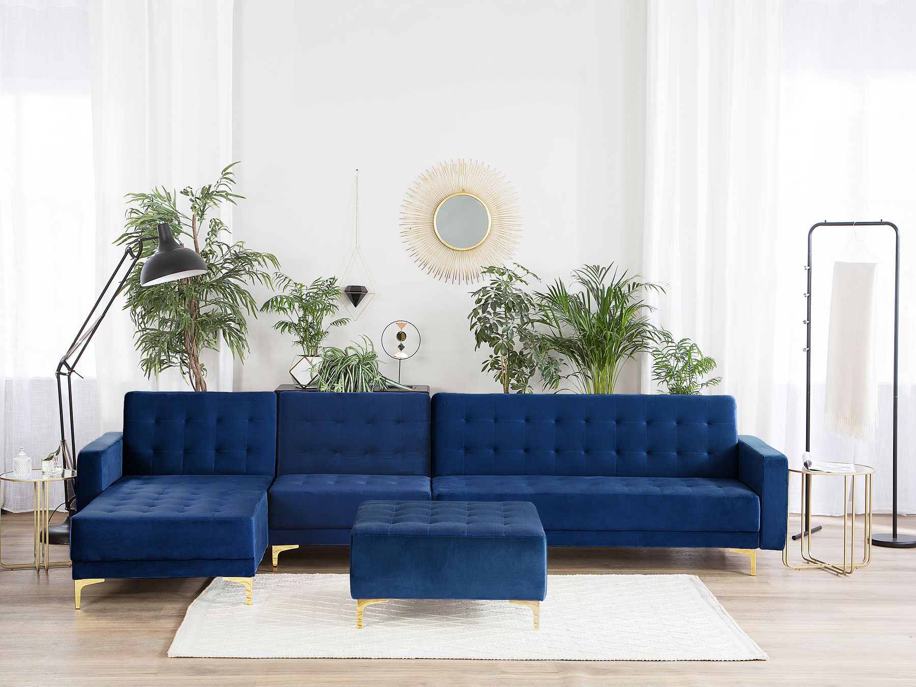 Modular Corner Sofa Bed ABERDEEN Velvet Navy Blue with Ottoman 5 Seater Right Hand