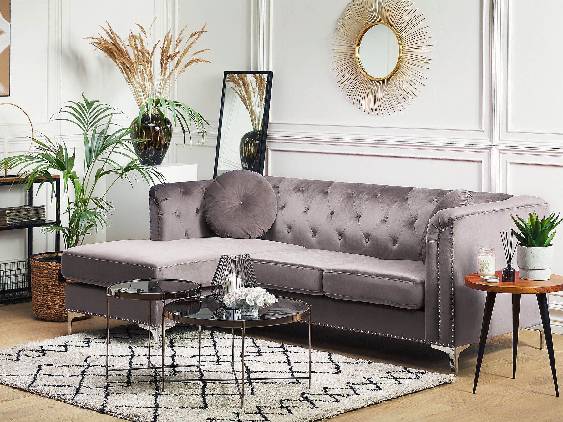 Corner Sofa FLEN Velvet Grey 3 Seater Right Hand