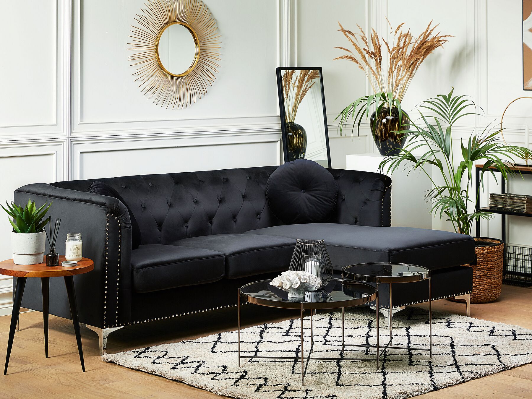 Corner Sofa FLEN Velvet Black 3 Seater Left Hand