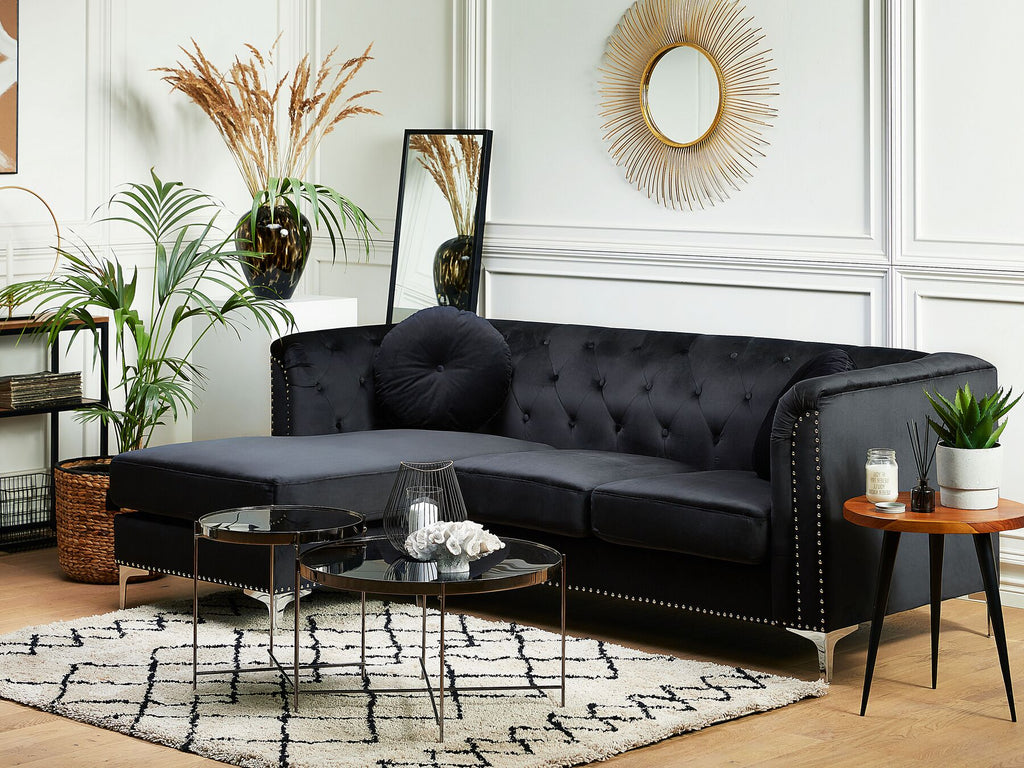 Corner Sofa FLEN Velvet Black 3 Seater Right Hand