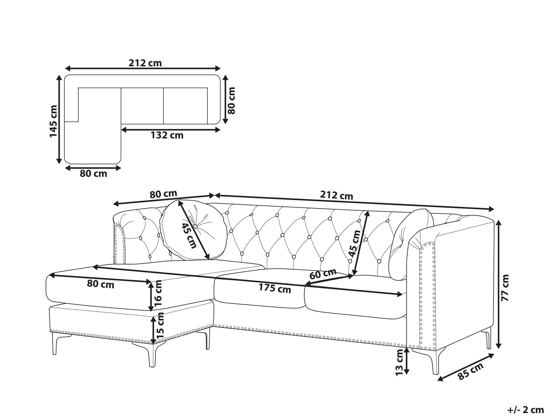 Corner Sofa FLEN Velvet Black 3 Seater Right Hand