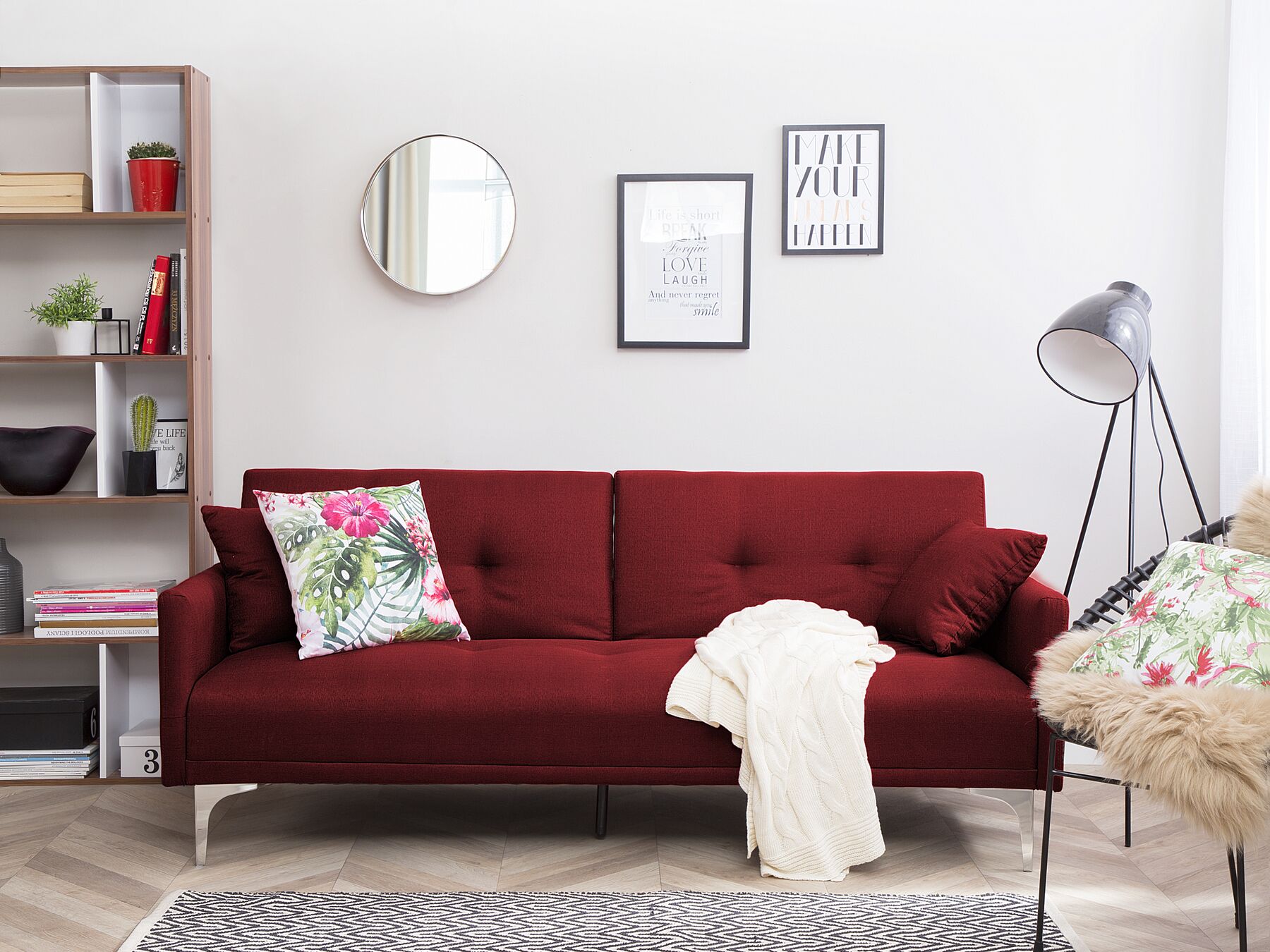 Sofa Bed LUCAN Fabric Dark Red 3 Seater