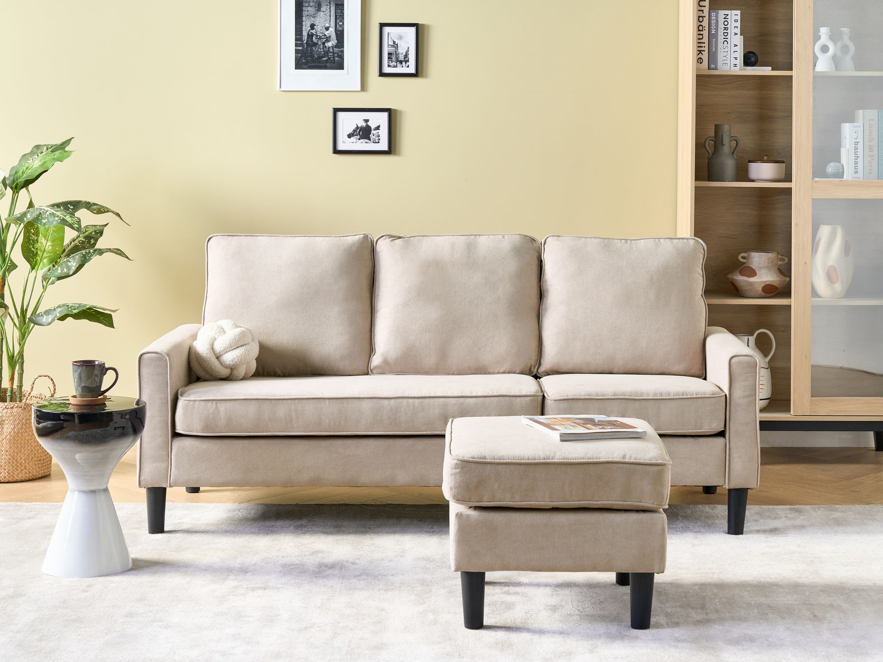 Fabric Sofa with Ottoman Beige AVESTA