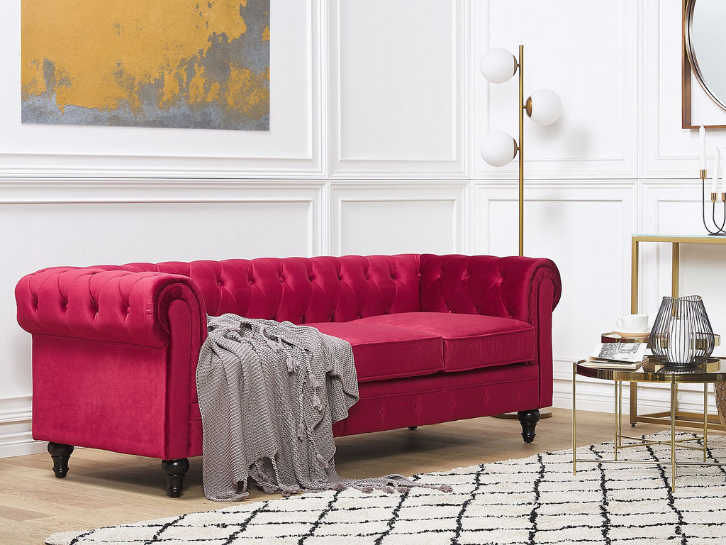 3 Seater Velvet Fabric Sofa Red CHESTERFIELD